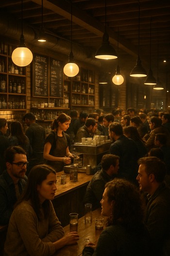 Akşam saatlerinde bar etrafında toplanmış insanlar ve hafif kalabalık sesi