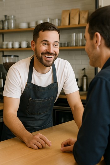 Barista, bar tezgâhında misafirin sorusuna cevap verirken