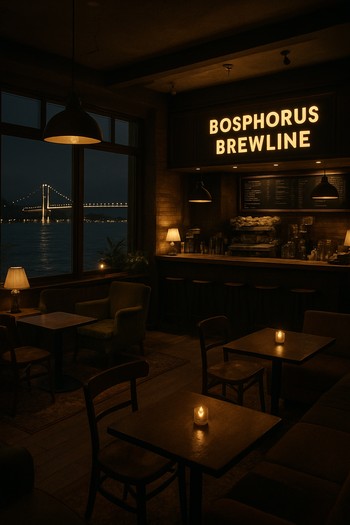 Gece saatlerinde Bosphorus Brewline iç mekânının genel görünümü