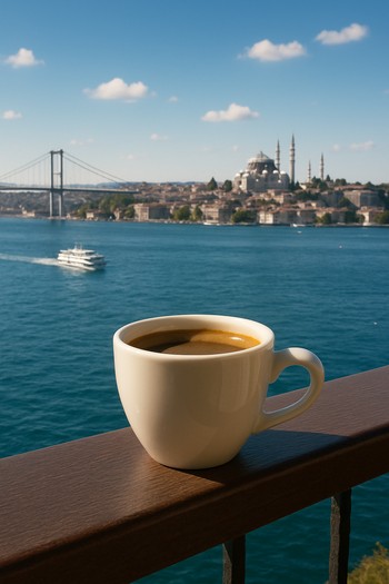 Köprü ışıklarını gören korkuluk üzerinde duran kahve fincanı