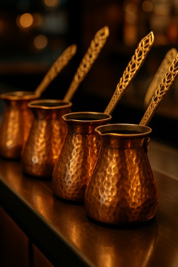 Bakır cezvelerin dizildiği Türk kahvesi bar tezgâhı