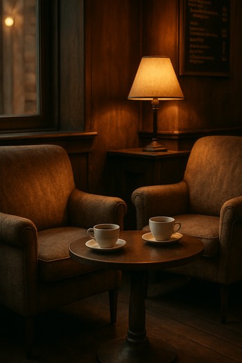 Yumuşak ışıklarla aydınlatılmış sohbet köşesi ve küçük kahve masası