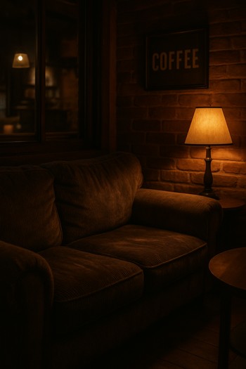 Yumuşak ışık altında köşe koltuk ve küçük kahve masası