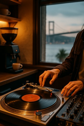 DJ kabininde plak ve arka planda Boğaz manzaralı cam