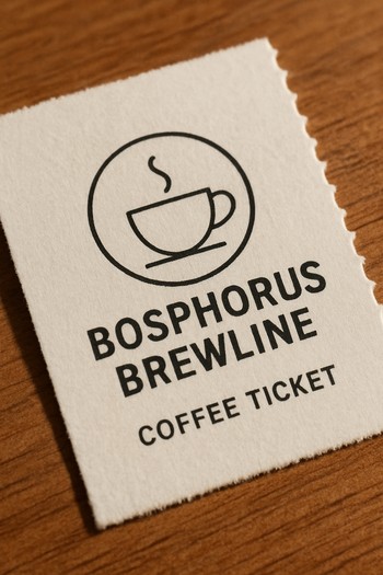 Bosphorus Brewline logosu bulunan küçük kart ve kahve bardağı