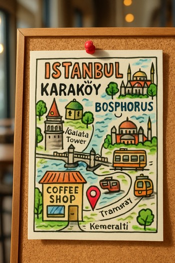 El çizimiyle hazırlanmış Bosphorus Brewline gece rotasını gösteren küçük harita