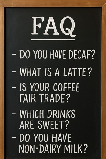 Kahve dükkânında küçük tahta üzerinde yazılı sık sorulan sorular