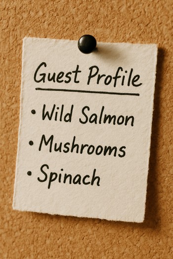 Menü kartı üzerinde farklı misafir profillerini anlatan küçük el yazısı notlar