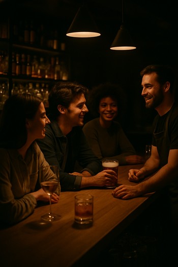 Gece bar tezgâhında oturan farklı misafir profilleri ve kahve bardakları