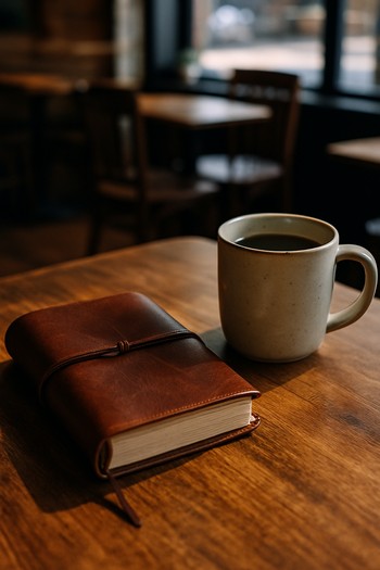 Masada açık defter, kalem ve yanında kahve kupası