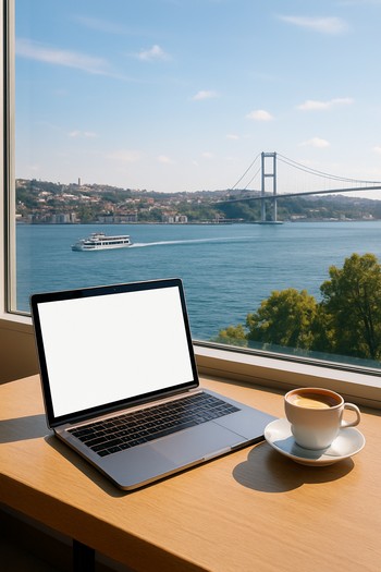 Pencere kenarında laptop ile çalışan misafir ve yanında filtre kahve bardağı