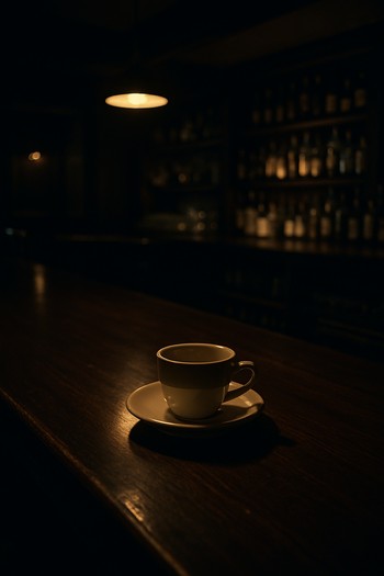 Kapanışa yakın boşalmış bar ve masada kalan son kahve fincanı