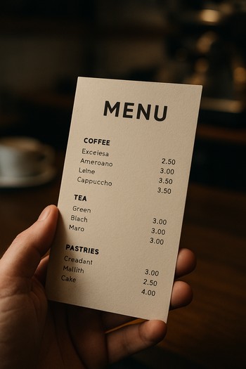 Masada tutulan küçük menü kartı ve kahve kupası