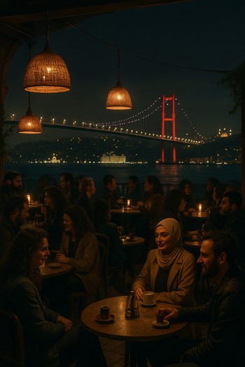 Gece Boğaz manzarasına bakan kalabalıklı teras ve kahve bardakları
