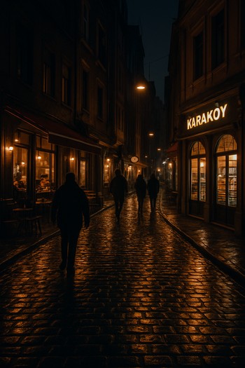 Gece Karaköy sokaklarında yürüyen insanlar ve kafeler