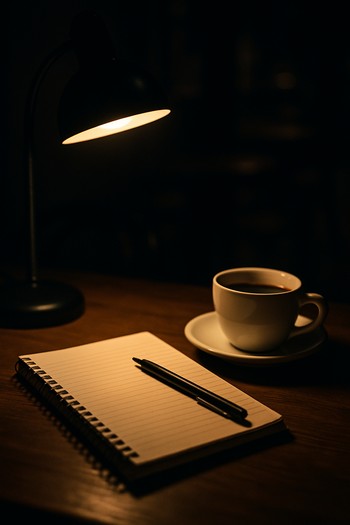 Gece saatlerinde açık defter, kalem ve kahve kupası bulunan çalışma masası
