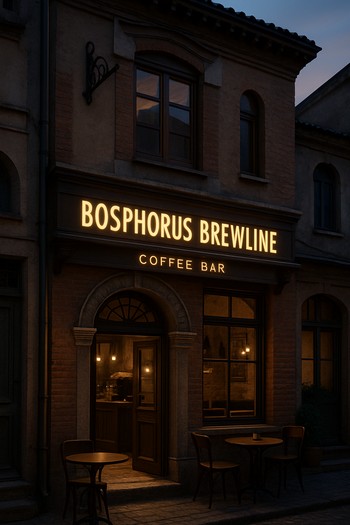 Gece ışıkları altında Bosphorus Brewline dış cephesi ve giriş kapısı