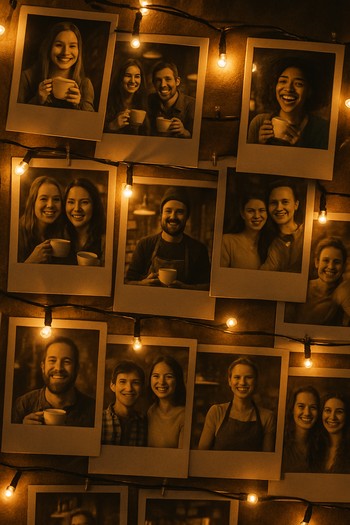 Duvara asılmış polaroid fotoğraflar ve altında yazılı küçük notlar