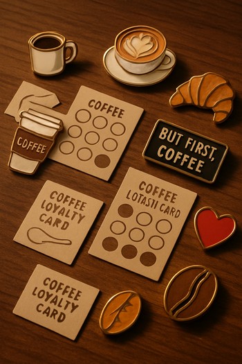 Masanın üzerinde duran rozetler, kahve kartları ve küçük sticker’lar