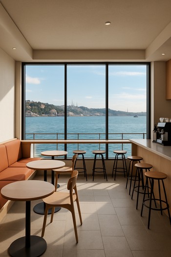 Bosphorus Brewline içinde pencere kenarındaki yüksek tabureler ve masalar