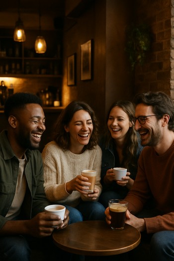 Köşe masada toplanmış küçük bir grup ve kahve bardakları