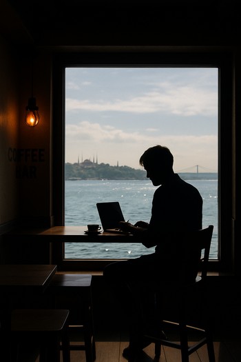 Pencere kenarında kitabını okuyan tek misafir ve kahve kupası