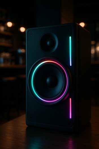 Kahve barında renkli ışıklarla aydınlatılmış hoparlörler ve bar tezgâhı