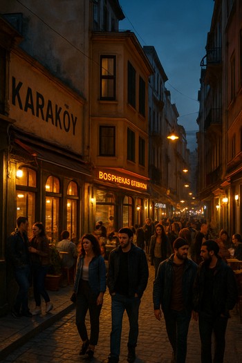 Akşam Karaköy sokağı, kafeler ve yürüyen insanlar