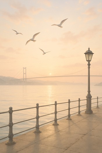 Sabaha karşı iskele ve uzakta görünen Boğaz üzerindeki köprü