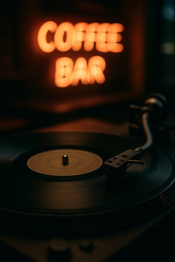 Neon ışıkların yansıdığı plak çalar ve dönen plak