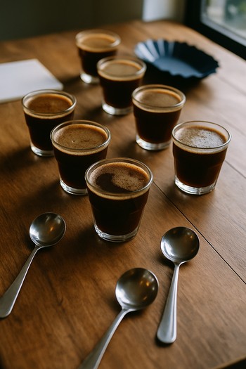 Cupping atölyesi için hazırlanmış masa ve cupping kaşıkları
