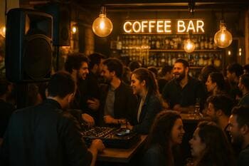 Akşam saatlerinde bar çevresinde toplanan kahve misafirleri