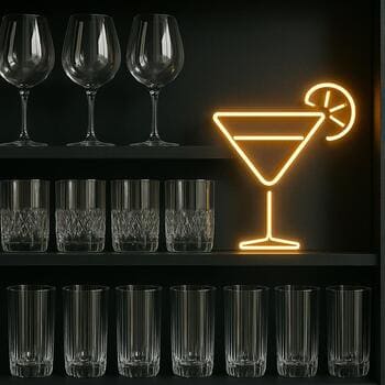 Bosphorus Brewline bar arkasında neon ışıklarla parlayan bardak detayları