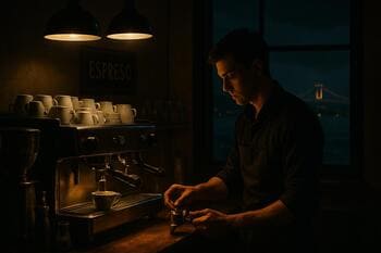 Bosphorus Brewline barında Boğaz manzaralı tezgâhta gece ışıkları altında espresso hazırlayan barista