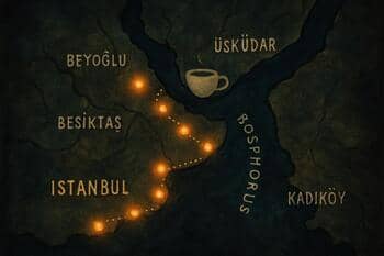 Bosphorus Brewline için Karaköy, Beşiktaş ve Ortaköy duraklarını gösteren Boğaz haritası