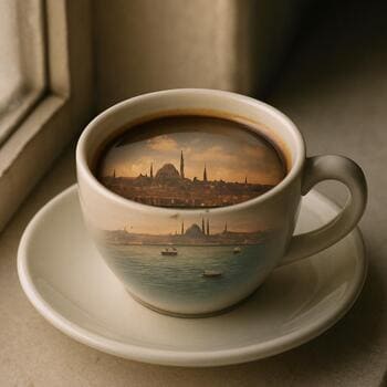 Boğaz yansımasını gösteren pencerede kahve bardağı silüeti