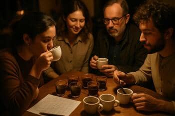 Küçük bir grupla gece kahve tadımı yapan misafirler ve bardak sıraları