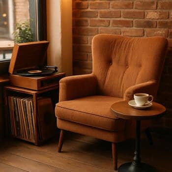 Plak çalan köşede kahve ve mum ışığıyla rahat bir oturma alanı