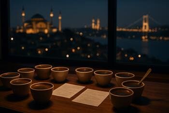İstanbul gece silüeti eşliğinde kahve cupping masası