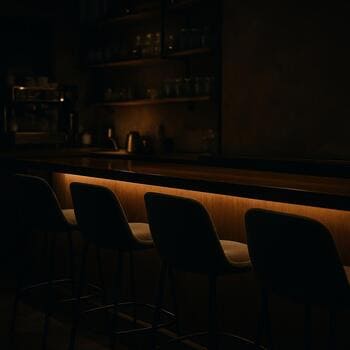 Gece kapanışına yakın boş bar tabureleri ve loş ışık