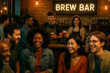 Akşam saatlerinde Bosphorus Brewline barında sohbet eden misafirler