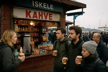 Feribot iskelesi yanında elde kahve bardağıyla bekleyen bir misafir