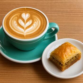 Flat white kahve ve yanında küçük baklava dilimi