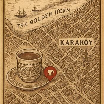 Karaköy sokaklarında Bosphorus Brewline konumunu gösteren küçük harita ve kahve bardağı