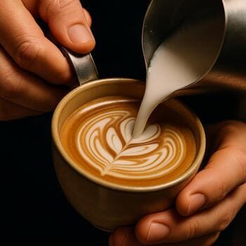 Baristanın latte art yaparken sürahi ve fincanı tuttuğu ellerin yakın planı