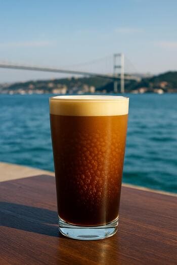 Bosphorus Brewline terasında Boğaz manzarasına karşı nitro cold brew bardağı