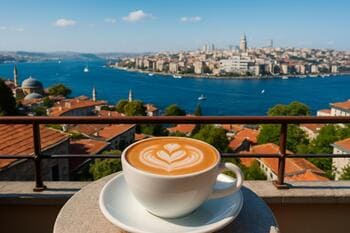 Boğaz manzaralı terasta latte bardağı ve köprü ışıkları