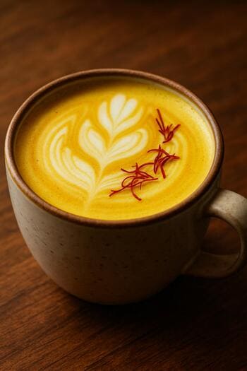 Safran renkli latte bardağı ve üstünde latte art