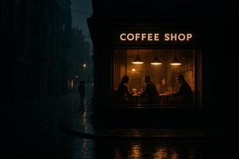 Gece sokak manzarasında elinde kahve bardağıyla yürüyen bir kişi