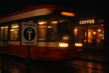 Gece tramvay durağında elinde kahve bardağıyla bekleyen bir kişi